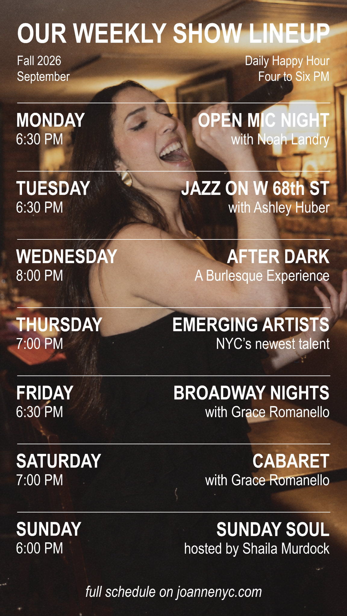 Joanne Trattoria weekly show lineup for Fall 2026